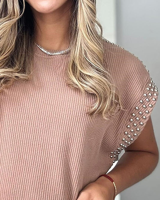 Shoulder Studded Decor Short Sleeve Blouse Casual Tied Detail Top