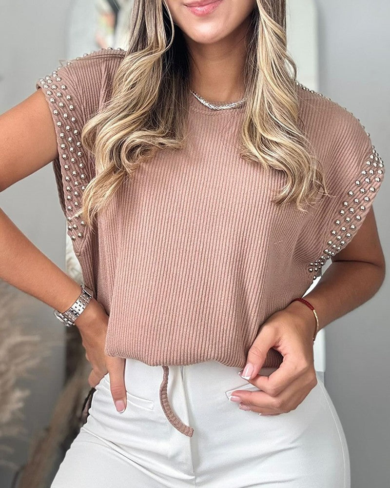 Shoulder Studded Decor Short Sleeve Blouse Casual Tied Detail Top