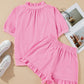 Pink Half Zip Puff Sleeve Top and Ruffled Shorts Set