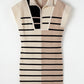 Khaki Stripe Color Block Quarter Zip Collar Short Sleeve Sweater Dress