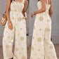 Embroidery Patchwork Thick Strap Square Neck Shirred Jumpsuit Wide Leg Vacation Overalls with Pockets