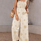 Embroidery Patchwork Thick Strap Square Neck Shirred Jumpsuit Wide Leg Vacation Overalls with Pockets