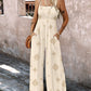 Embroidery Patchwork Thick Strap Square Neck Shirred Jumpsuit Wide Leg Vacation Overalls with Pockets