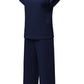 Navy Blue Solid Color Textured Short Sleeve Top and Casual Pants Set