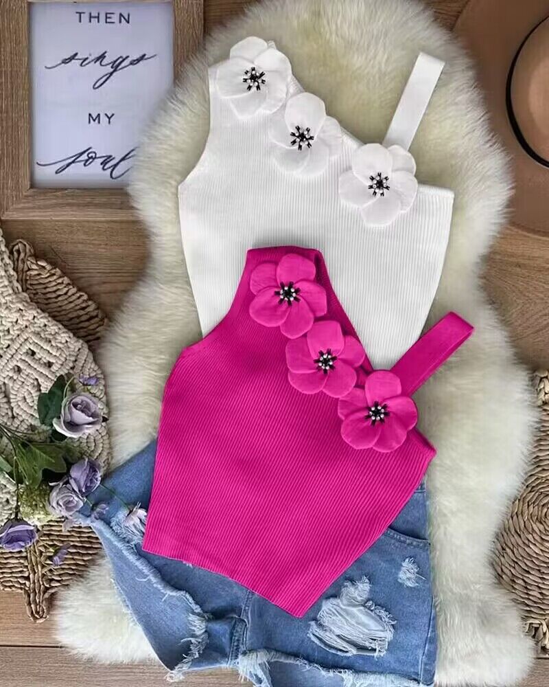 Floral Pattern Beaded Skew Neck Knit Tank Top