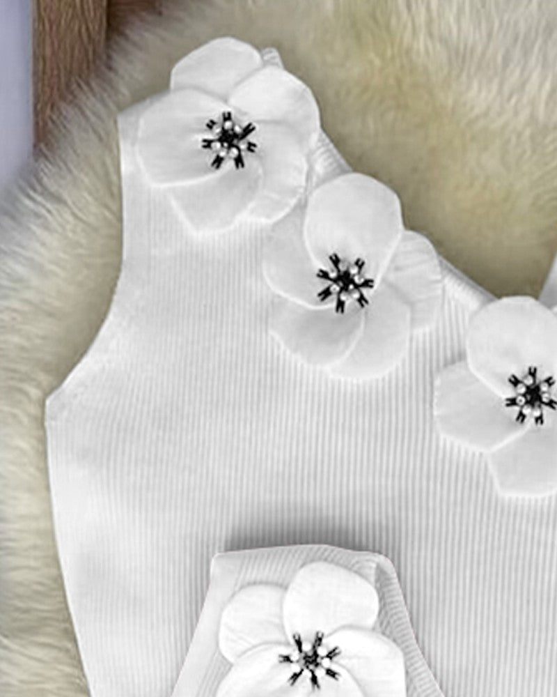 Floral Pattern Beaded Skew Neck Knit Tank Top