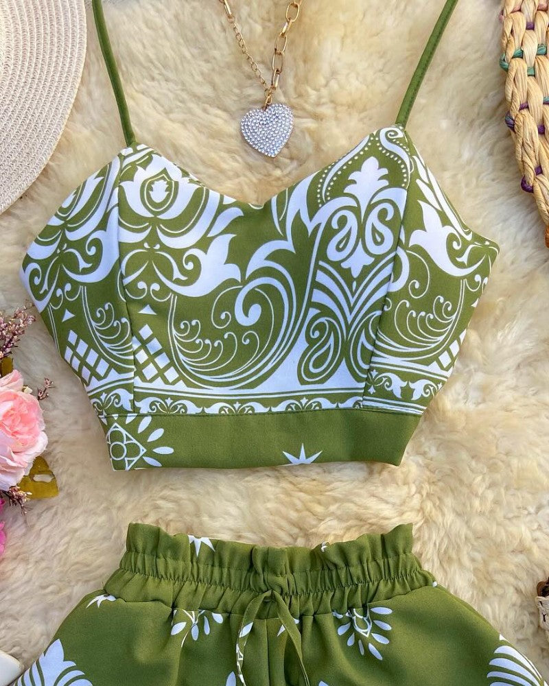 2 Pieces Summer Outfits Floral Print V Neck Spaghetti Strap Crop Top and Casual Waist Drawstring Shorts Set