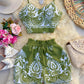 2 Pieces Summer Outfits Floral Print V Neck Spaghetti Strap Crop Top and Casual Waist Drawstring Shorts Set