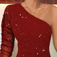 Glitter One Shoulder Long Sleeve Bodycon Dress Sheer Mesh Patchwork Ruched Mini Dress