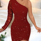 Glitter One Shoulder Long Sleeve Bodycon Dress Sheer Mesh Patchwork Ruched Mini Dress