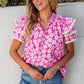 Pink Floral Contrast Ric Rac Layered Ruffle Sleeve Blouse