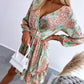 Floral Print Deep V Neck Frill Hem Dress