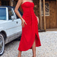 Eyelet Embroidery Bandeau Ruched Slit Casual Dress
