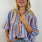 Sky Blue Stripe Crinckled Ruffled Sleeve Button up Loose Shirt
