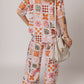 Orange Plant Checkered Print Collared Shirt and Wide Leg Pants Set