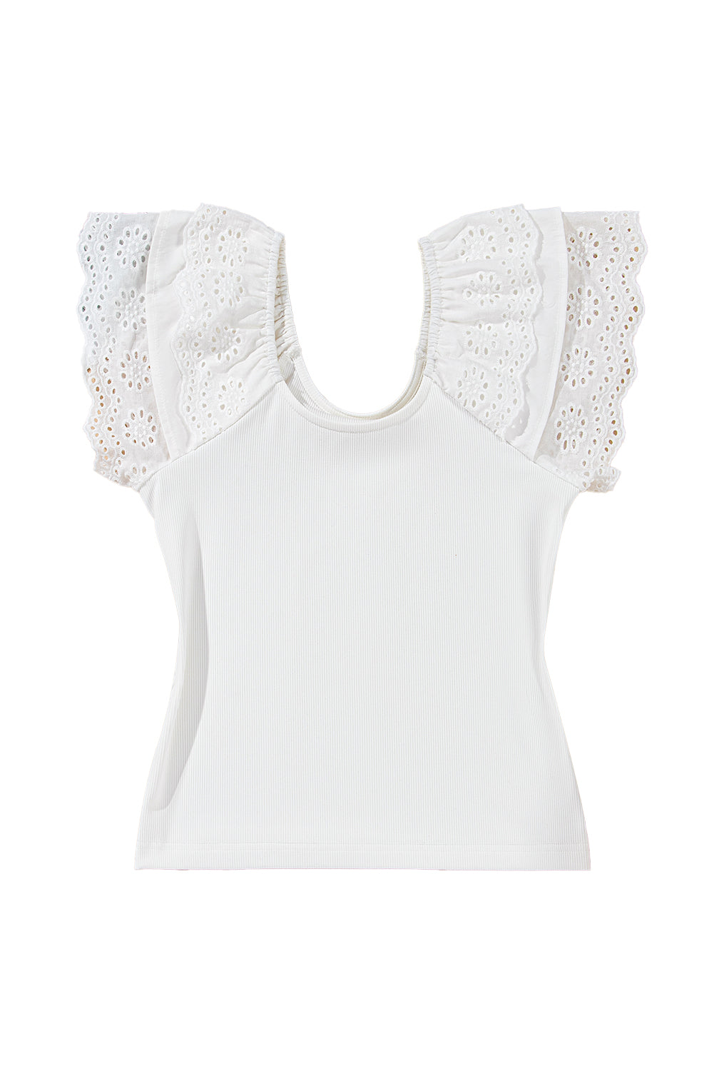 White Eyelet Ruffle Sleeve Slim Fitted Top