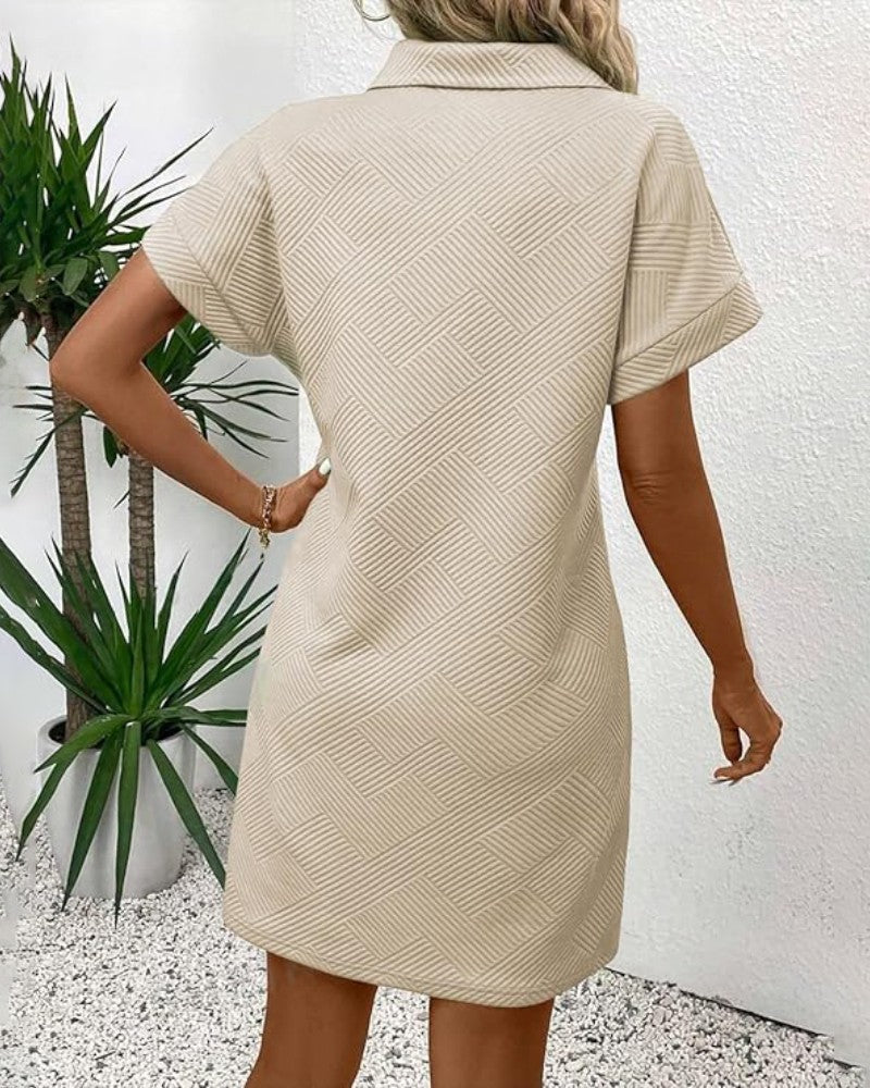 Turn down Collar Short Batwing Sleeve Dress Casual Textured Straight Mini Dress