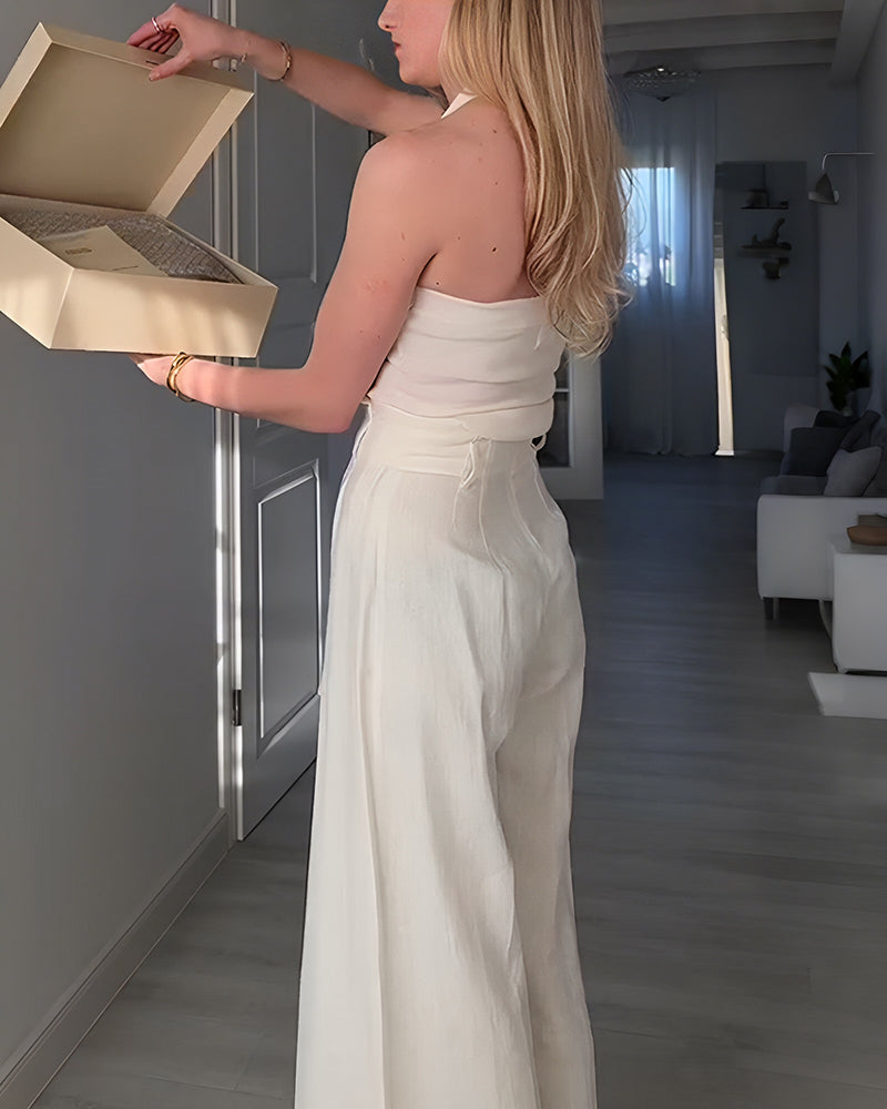 Solid Color High Waist Pleated Wide Leg Casual Pants