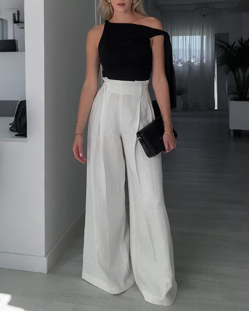 Solid Color High Waist Pleated Wide Leg Casual Pants