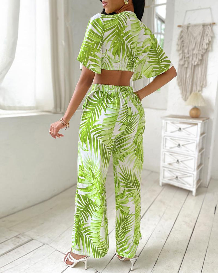 Palm Leaf Print Plunge Top & Wide Leg Pants Set