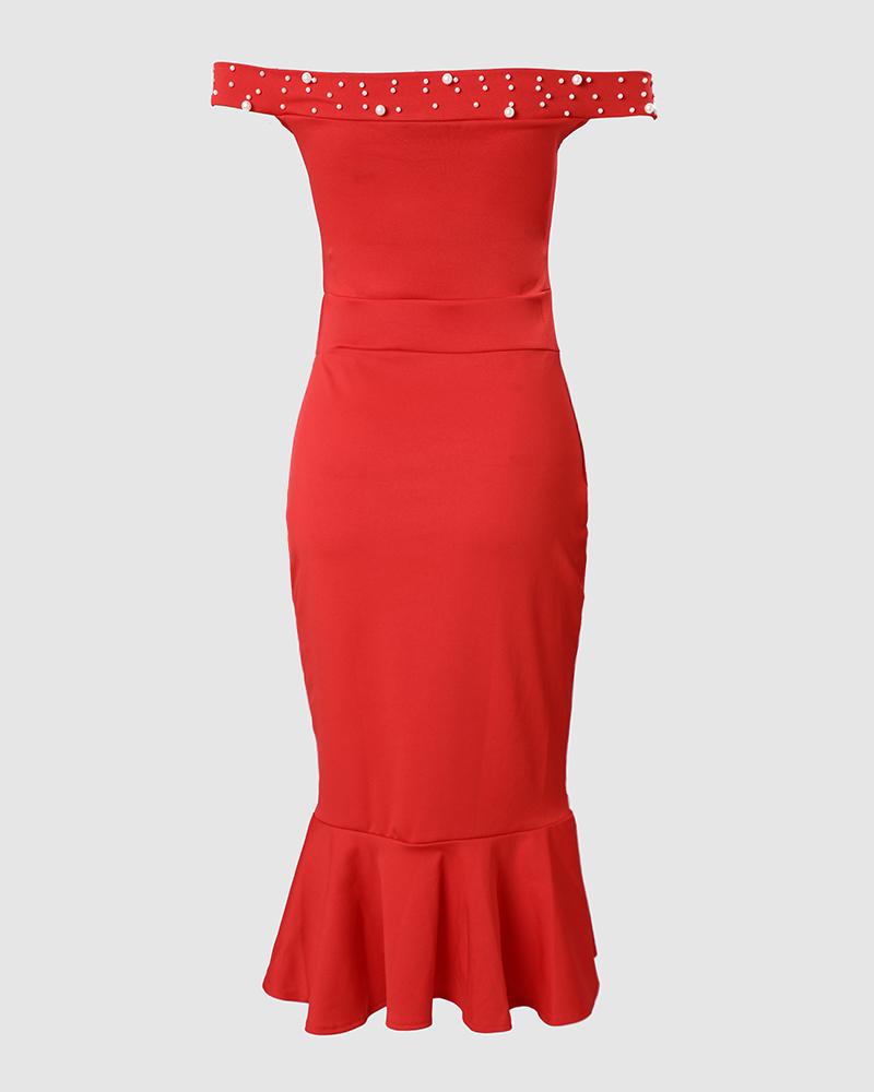 Beaded Off Shoulder Ruffles Slit Party Dress