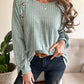 Long Sleeve Casual Crew Neck Dressy Sweatshirt Lace Patchwork Button Decor Pullover Top
