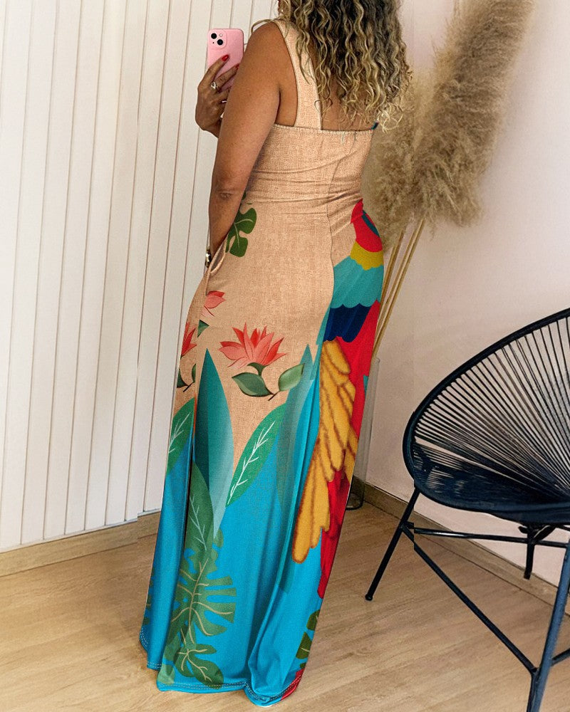 Floral Print Thick Strap Slit Maxi Dress Casual Slim Fit Vacation Dress