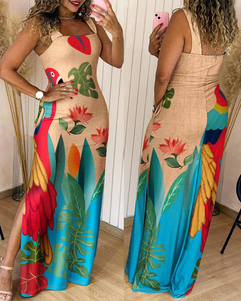 Floral Print Thick Strap Slit Maxi Dress Casual Slim Fit Vacation Dress