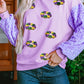 Orchid Petal Mardi Gras Doughnut Graphic Sequin Patchwork Long Sleeve Top