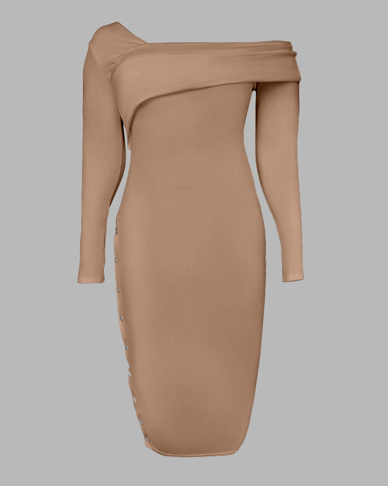 Off Shoulder Wrap Backless Ribbed Knit Dress Side Slit With Snap Buttons Bodycon Dress
