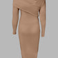 Off Shoulder Wrap Backless Ribbed Knit Dress Side Slit With Snap Buttons Bodycon Dress