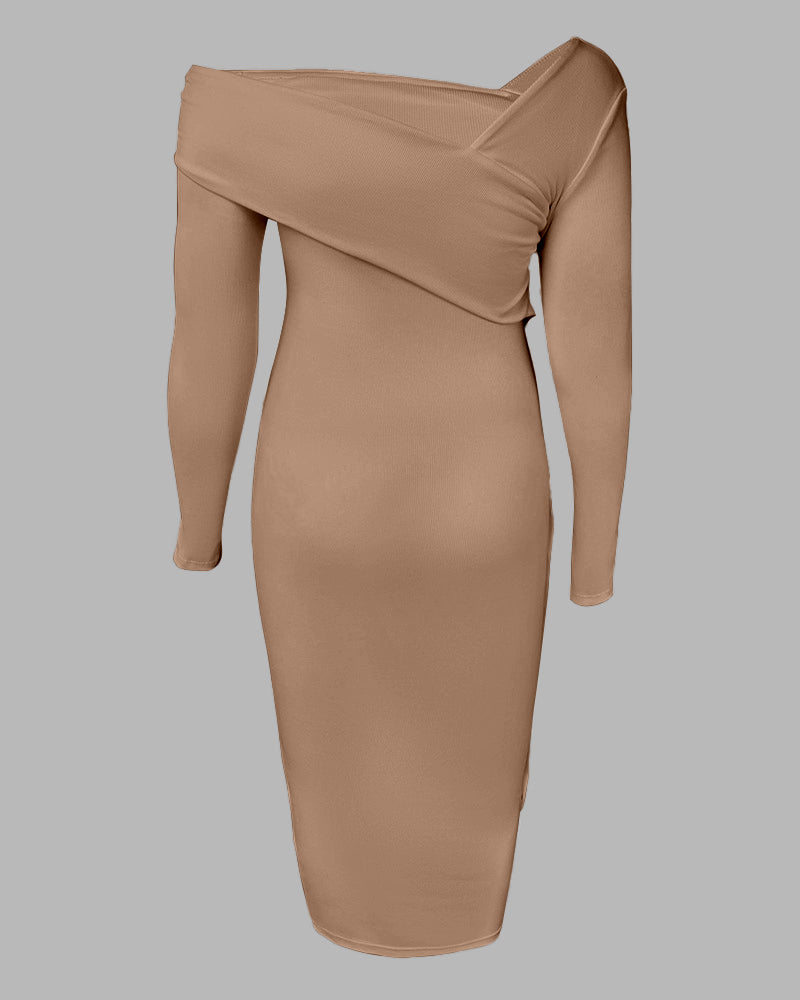 Off Shoulder Wrap Backless Ribbed Knit Dress Side Slit With Snap Buttons Bodycon Dress