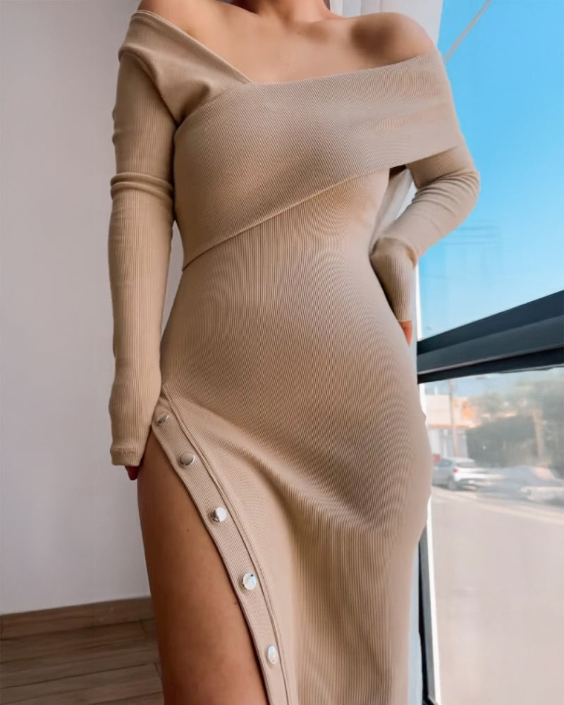 Off Shoulder Wrap Backless Ribbed Knit Dress Side Slit With Snap Buttons Bodycon Dress