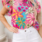 Multicolor Vibrant Floral Print Trimmed Ruffle Sleeve Blouse