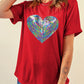 Red Rainbow Sequin Heart Shape Crew Neck T Shirt