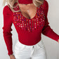 Keyhole Neck Multicolor Rhinestone Decor Knit Sweater