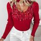 Keyhole Neck Multicolor Rhinestone Decor Knit Sweater