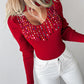 Keyhole Neck Multicolor Rhinestone Decor Knit Sweater
