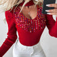 Keyhole Neck Multicolor Rhinestone Decor Knit Sweater