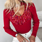 Keyhole Neck Multicolor Rhinestone Decor Knit Sweater