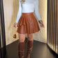 PU Leather High Waist Wrap A Line Skirt Casual Asymmetrical Hem Pleated Skirt