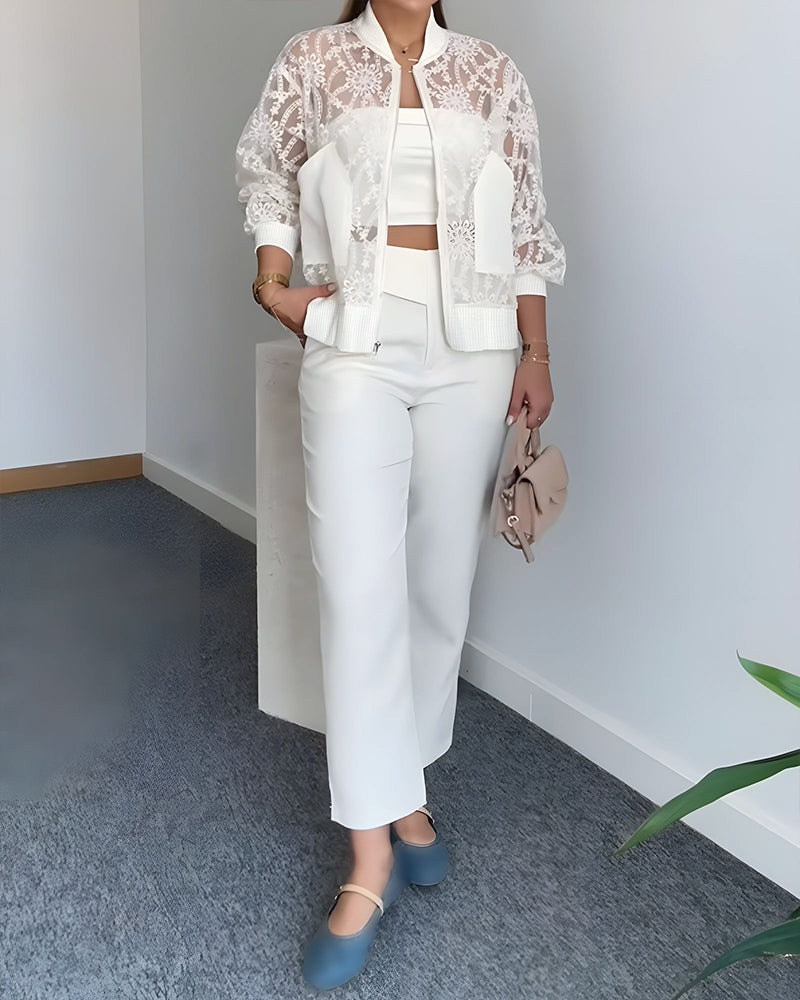 Floral Lace Embroidered Mesh Patchwork High Low Hem Baseball Coat Casual Side Slit Zip Up Bomber Jacket