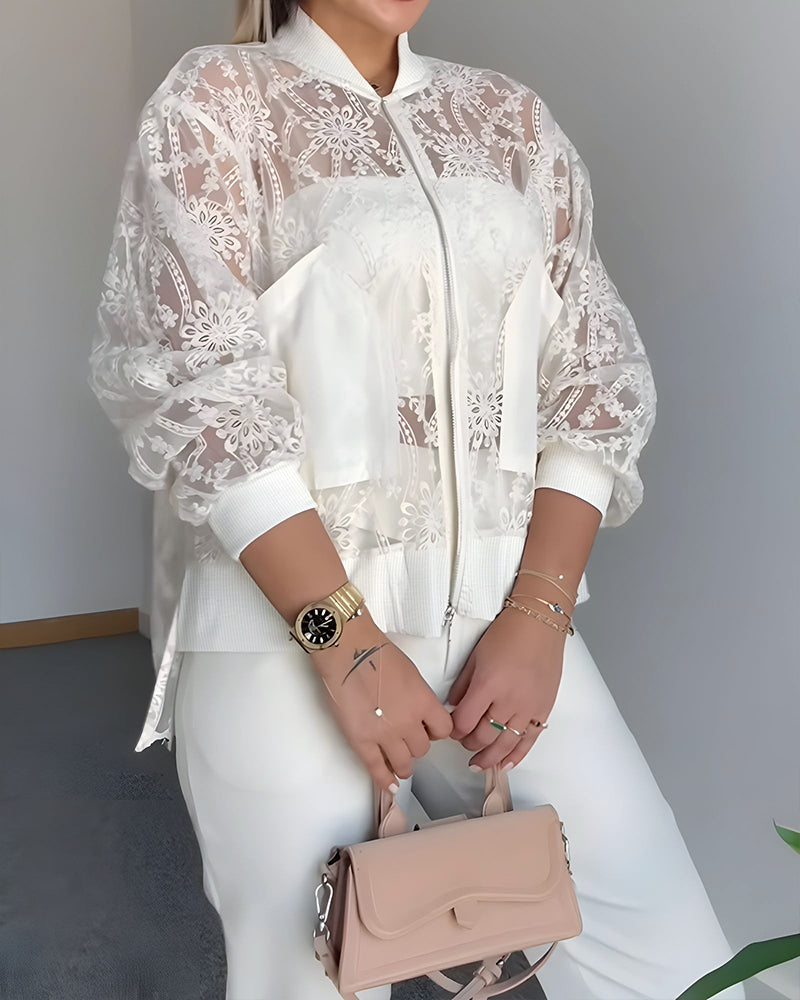 Floral Lace Embroidered Mesh Patchwork High Low Hem Baseball Coat Casual Side Slit Zip Up Bomber Jacket