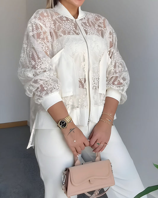 Floral Lace Embroidered Mesh Patchwork High Low Hem Baseball Coat Casual Side Slit Zip Up Bomber Jacket