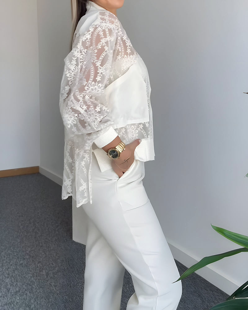 Floral Lace Embroidered Mesh Patchwork High Low Hem Baseball Coat Casual Side Slit Zip Up Bomber Jacket