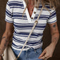 Dark Blue Stripe Collared Button V Neck Knitted T Shirt