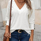 Eyelet Embroidery V Neck Long Sleeve T Shirt Casual Hollow out Button Decor Top