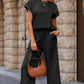 Black Solid Color Textured Short Sleeve Top and Casual Pants Set
