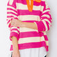 Rose Stripe Color Block Collared V Neck Drop Shoulder Sweater
