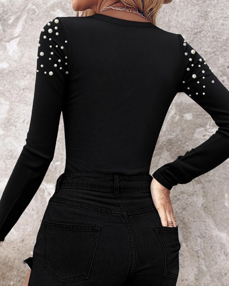 Pearls Decor Front Hollow out Long Sleeve Top Slim Fit Ribbed Layering Top